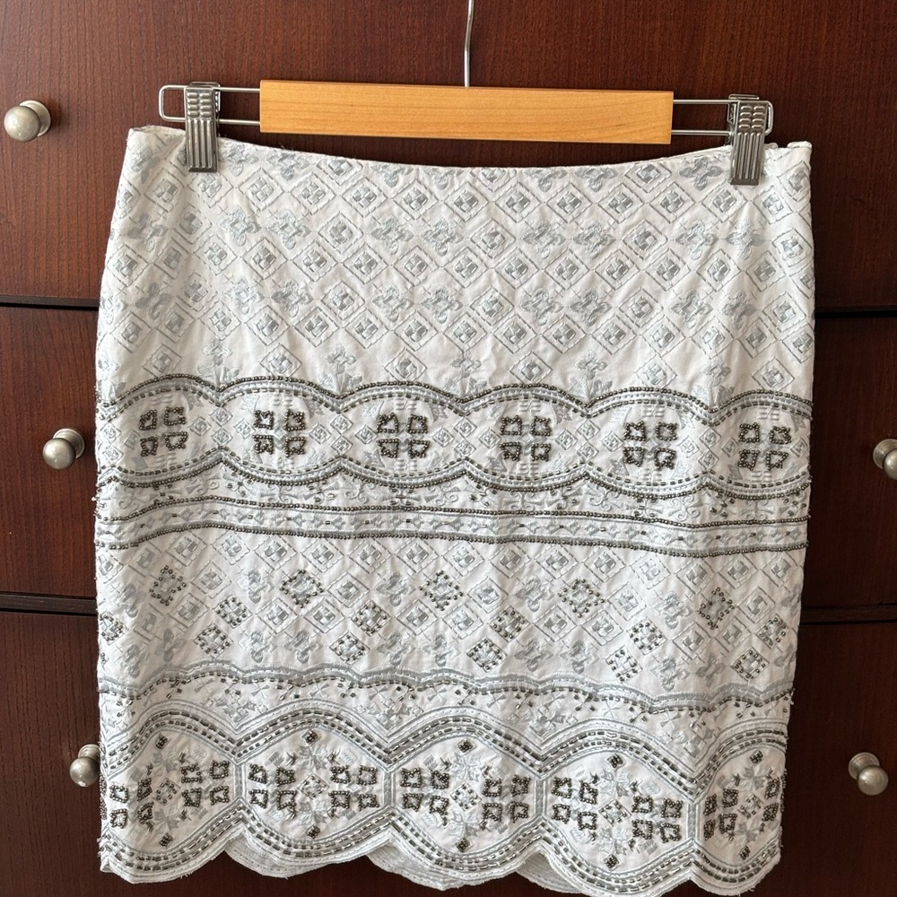 Etcetera White and Pale Blue Beaded Embroidered Pencil Skirt with Silver Accents